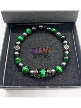 Natural Stone Men's Double King Crown Green Tiger's Eye Hematite Pave Clasp